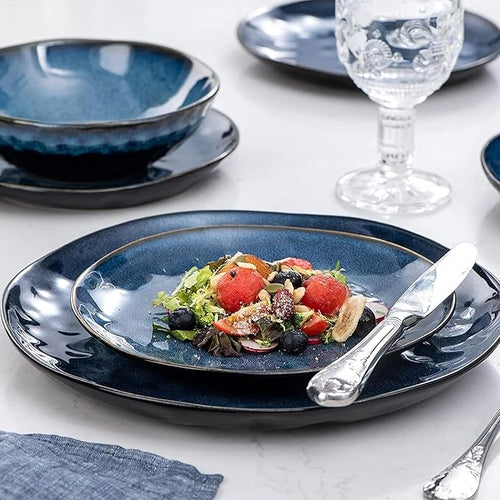 12 Piece Stoneware Dinnerware Set – Ombre Color Rim Plates and Bowls Microwave &amp Dishwasher Safe Dinner Set for 4 (Blue)