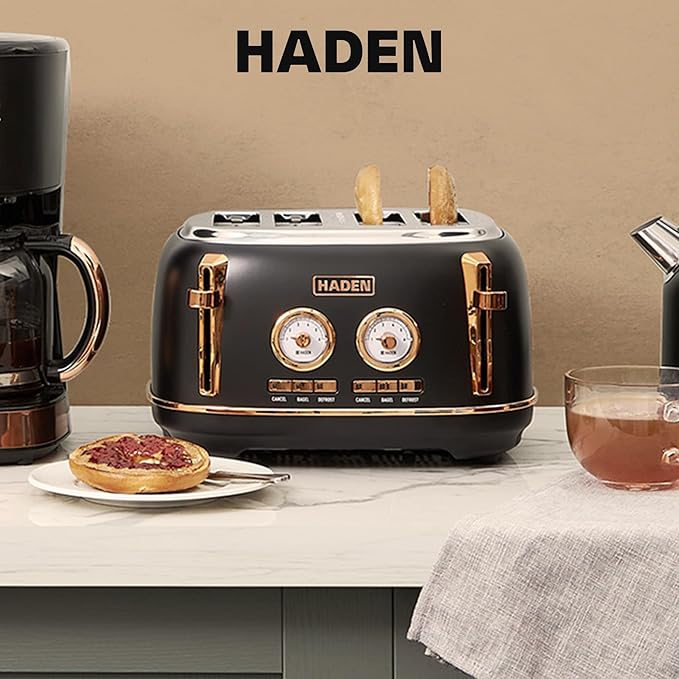 Haden Dorset 4 Slice Wide Slot Stainless Steel Toaster with Adjustable Browning Control &amp Non-Slip Feet Black &amp Copper