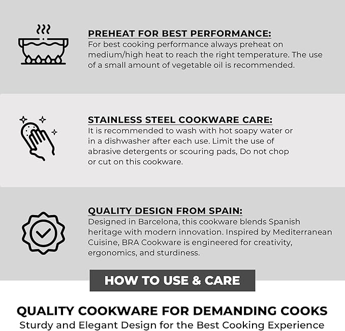 BRA COOKWARE Master 6 Piece Cookware Set | Stainless Steel Professional Kitchenware Set | 1 Stock Pot 1 Sauté Pan 2 Frying Pans 2 Lids | All Stovetop Compatible | PFAS Free | w/o Non-Stick