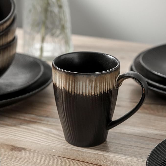 KOOV Ceramic Dinnerware Set of 16 Plates Bowls Cups &amp Dessert Plates for Party Microwave &amp Dishwasher Safe Stripe Series (Rough Black)