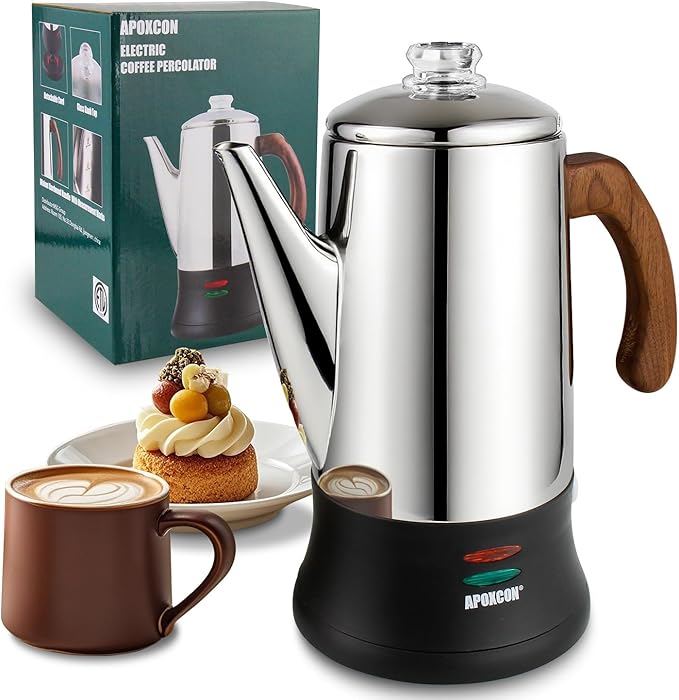Electric Coffee Percolator Stainless Steel Coffee Pot with Two Tough Glass Clear Brew Progress Knob &amp Treated Solid Wood Handle &amp On/OFF Switch Auto Keep Warm Cordless Serve (8 Cup)