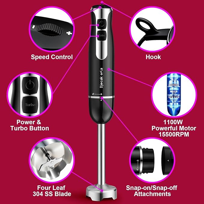 Upgraded Blender Handheld 1100W 20 Speed Settings Max 15500 RPM 5 in 1 Hand Blender with Milk Frother Handheld Food Processor Batidora De Mano Electrica Kitchen Appliances Black