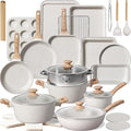 Kikcoin Pots and Pans Set Non Stick 31 Piece Kitchen Nonstick Cooking Cookware Sets with Grill Pan Saucepan Baking Sheet Utensil Cream White