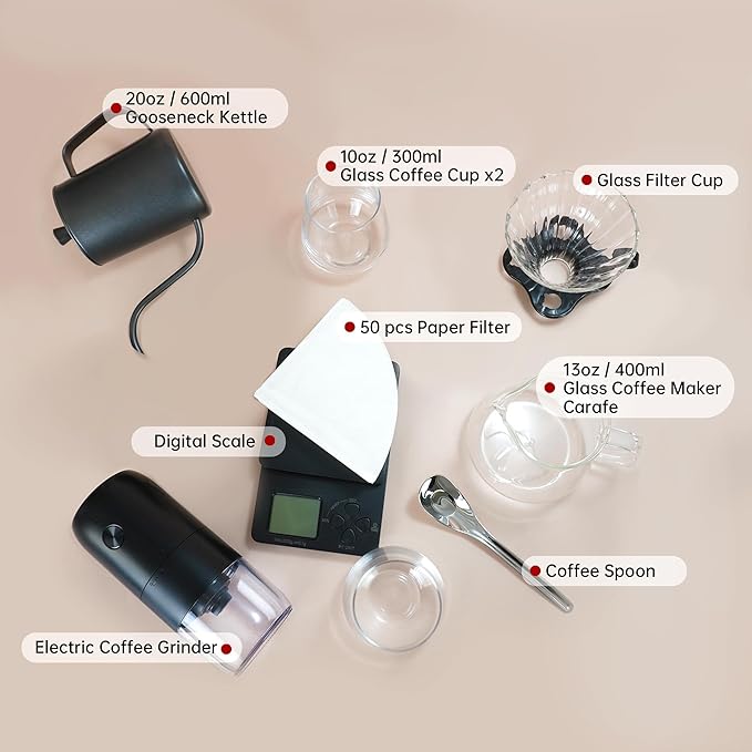 SuperCook Coffee Pour Over Kit Hand Drip with Kettle Electric Grinder Camping Travel Coffee Kit Ideal for Anniversary Birthday Gift