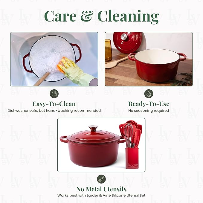 Larder &amp Vine Enameled Cast Iron Dutch Oven Pot with Lid | Bread Baking | Compatible on All Cooktops &amp Oven Safe to 500° F | Great for Sourdough Bread | Cabernet
