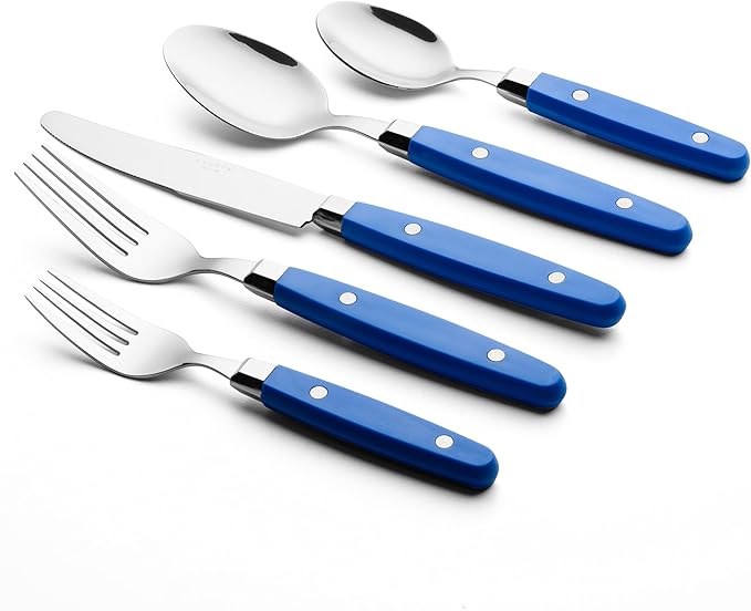 ANNOVA Silverware Set Retro/Rivet Colorful Stainless Steel Tableware Kitchen Flatware Set Utensils Includes Dinner Knives Forks Spoons Salad Forks &amp Dessert Spoons (Sapphire Blue 20 Pieces)