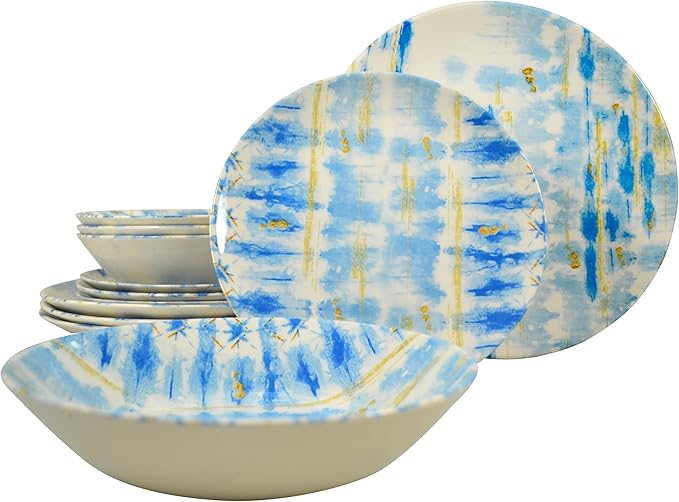 Tudor Royal 12-Piece Round Porcelain Dinnerware Set Service for 4 - Ocean Blue Design Plates Bowls Dishes Premium Quality Tableware Unique Pattern Glossy