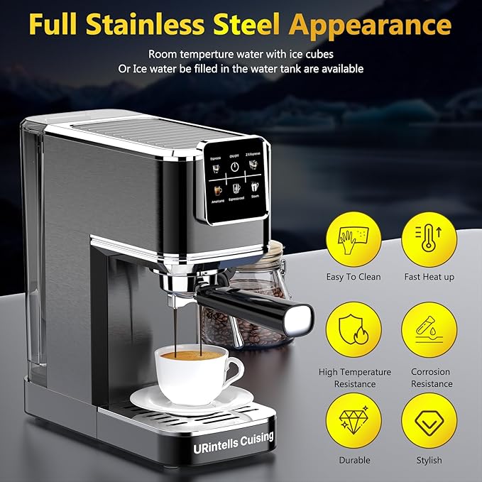 Espresso Machine 20 BarTouch Screen Espresso Maker with Steam Milk FrotherCompact Stainless Steel Coffee Machine for Cappuccino Latte Americano Espresso CoolGift for Coffee LoversBlack
