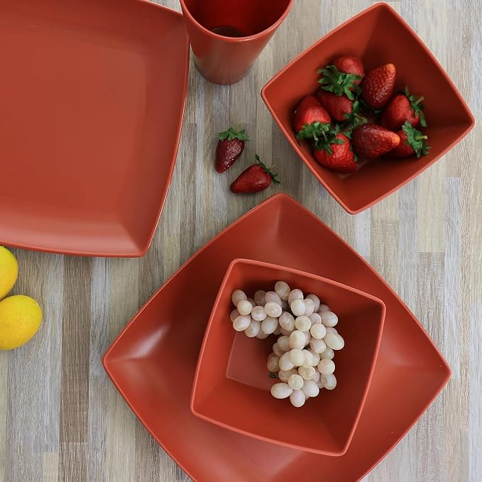 12-Piece Square Melamine Dinnerware Set – Durable Lightweight Outdoor Plates and Bowls Raised Edge Design Dishwasher Safe Tableware for Casual Indoor &amp Outdoor Dining – Gray Orange Green (Oran