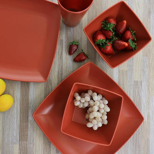 12-Piece Square Melamine Dinnerware Set – Durable Lightweight Outdoor Plates and Bowls Raised Edge Design Dishwasher Safe Tableware for Casual Indoor &amp Outdoor Dining – Gray Orange Green (Oran