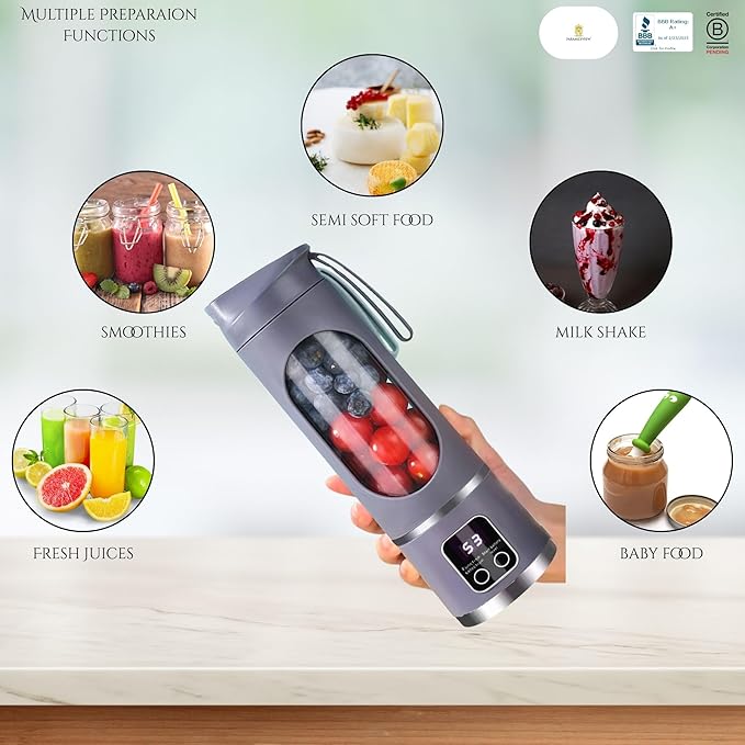 Paramexview® Portable Blender 16oz/500ml for Juices &amp Smoothies with 12 Stainless Steel Blades | USB Rechargable &amp 3 Levels Multi-Speed Control | 50W Powered fusion Portable Blender