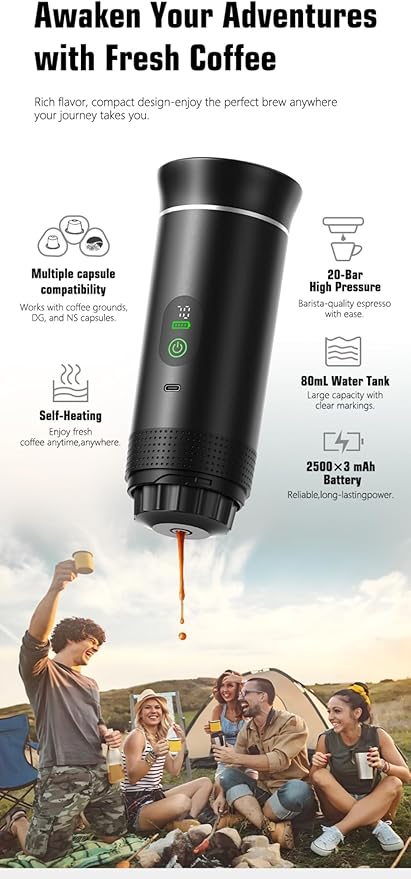 Portable Electric Coffee Maker Digital Display Compatible with Coffee PodsRechargeable Coffee Machine for Travel Camping RVHomeOffice (white)