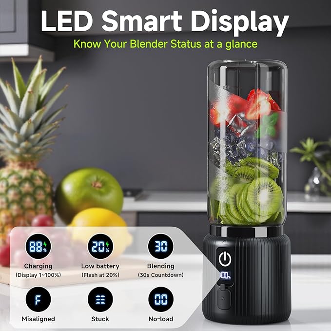 COKUNST Portable Blender Small Smoothie &amp Shake Maker with 8 Blades Compact Personal Blender with LED Display USB C Rechargeable Juice Mixer with Extra Lid for Travel Gym Home 17oz Black
