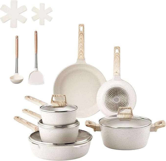17 Piece Pots and Pans Set Nonstick Granite Cookware Induction Compatible Kitchen Set - White