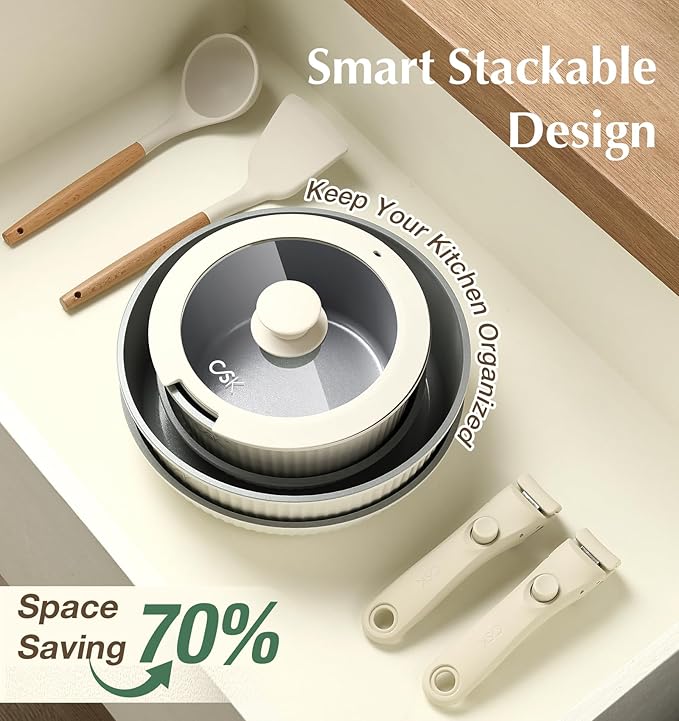 KOCH SYSTEME CS 17pcs Pots and Pans Set Non Stick Nonstick Ceramic Cookware Set Detachable Handle Induction Kitchen Pot and Pan Set Non Stick with Removable Handle RV Cookware Set Cream White