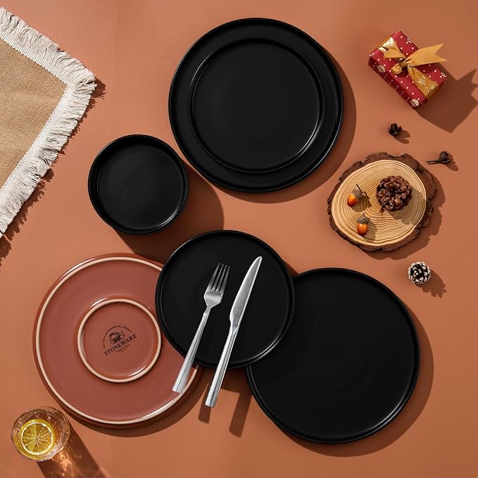 LIANYU Plates and Bowls Sets 18 Pieces Stoneware Dinnerware Set for 6 Modern Kitchen Dinner Set Ceramic Dishware Dishes Set Microwave and Dishwasher Safe Charcoal Black