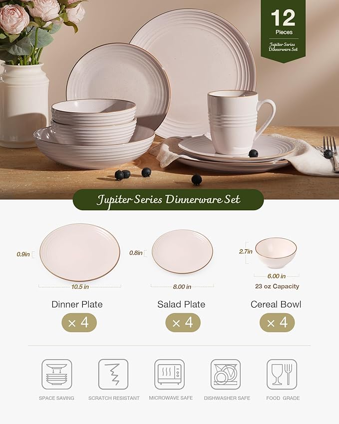 Famiware Jupiter Stoneware Dinnerware Sets Handcrafted Plates and Bowls with Embossed Swirl &amp Speckles Pink - Chip &amp Scratch Resistant Dishwasher &amp Microwave Safe Modern Dishes for 4 (1