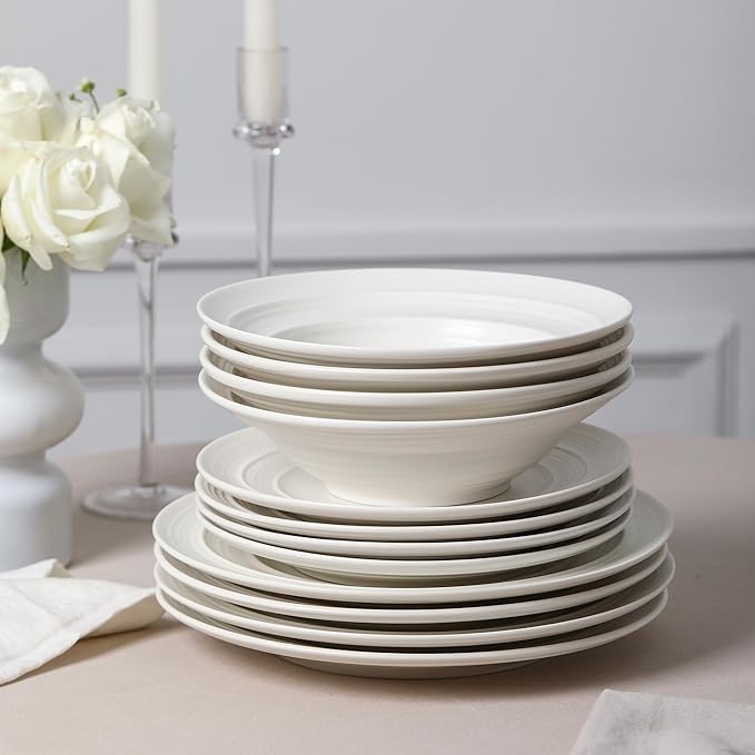 Earth &amp Clay Celeste 24-Piece Dinnerware Stoneware Plates and Bowls Set Includes Dinner and Salad Plates Cereal Bowls Dishwasher and Microwave Safe Dish Set for 8 Ivory White