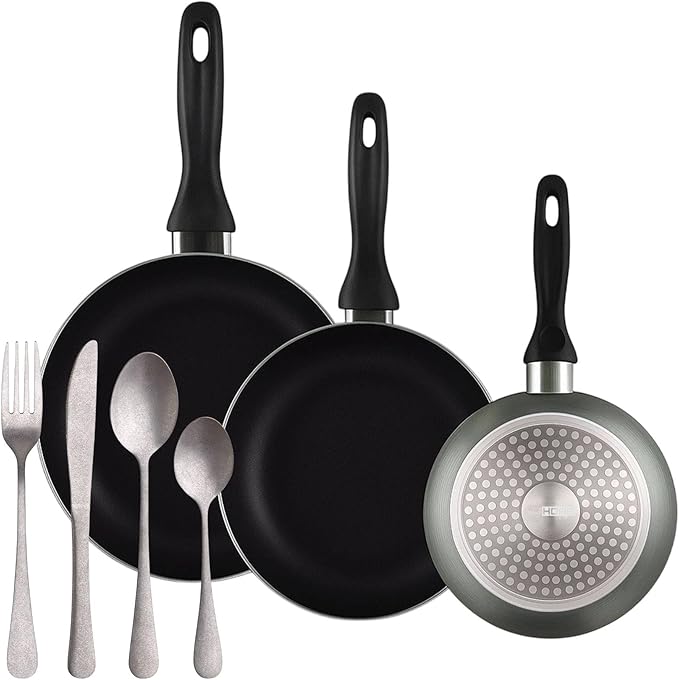 Well Home 3-Piece Set Diameter 16 x 20 x 24 cm Pressed Aluminium Metallic Grey + 16-Piece Stainless Steel Cutlery Set