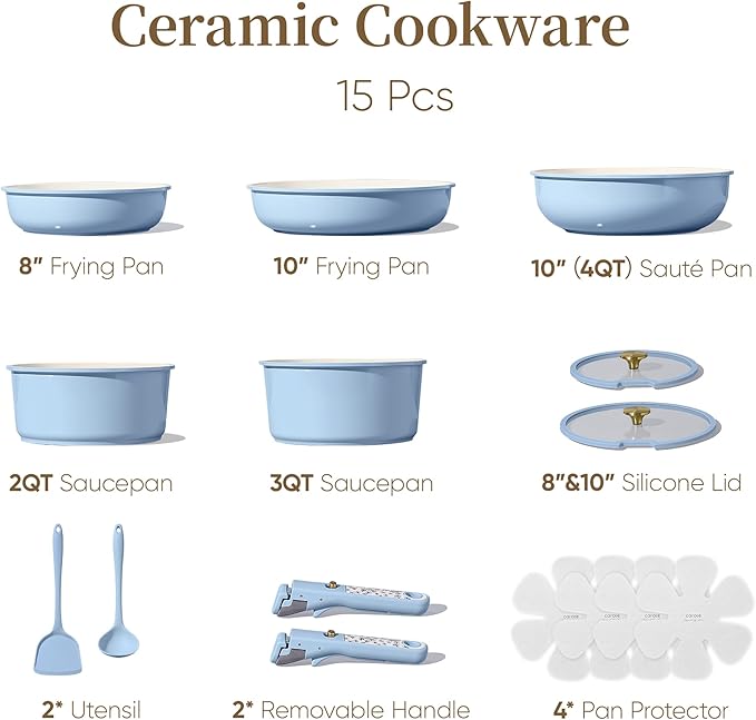 CAROTE 15Pcs Ceramic Cookware Set Pots and Pans Set Non Stick Kitchen Cooking Set with Detachable Handle Non Toxic Induction Cookware Dishwasher/Oven Safe