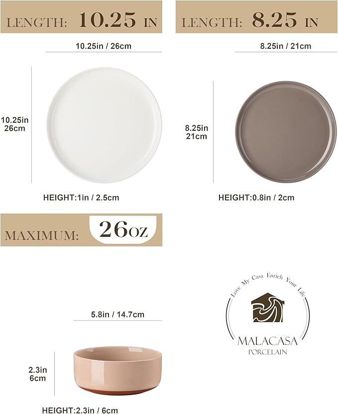 MALACASA Plates and Bowls Sets 12 Pieces Modern Stoneware Dinnerware Set for 4 Kitchen Dinner Set Ceramic Dishware Dishes Set Microwave and Dishwasher Safe Multicolor Series TARA