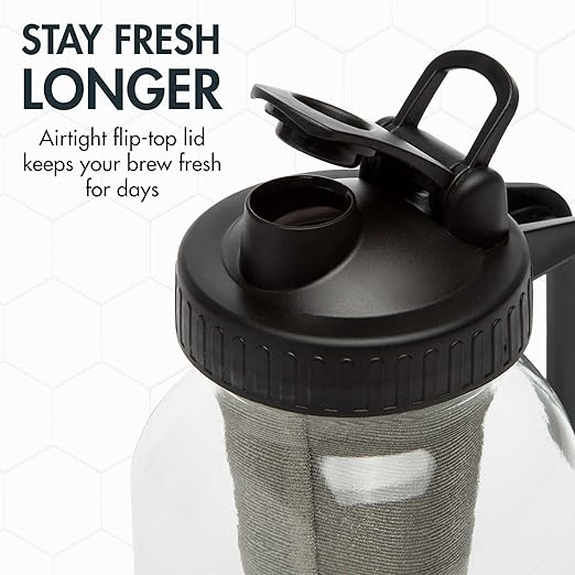 Primula Mason Jar Cold Brew Iced Coffee Maker with Stainless Steel Filter and Easy Pour Lid Durable Glass Pitcher Fits in Most Fridge Doors Dishwasher Safe Made without BPA 2-Quart Black