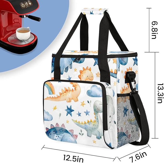 Cute Dino Rainbow Coffee Maker Carring Bag Large Insulated Storage Organizer Case Tote Bags with Shoulder Strap for Travel Work Picnic