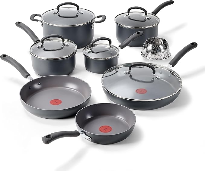 T-Fal Ultimate Hard Anodized Nonstick 13 Piece Cookware Set Oven Safe Up to 400°F Pots and Pans Set Includes Frying Pans Saucepan Stockpot Cooking Utensils Grey