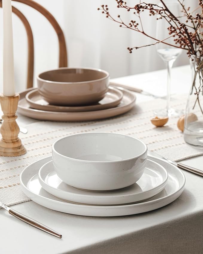 Famiware Milkyway Plates and Bowls Sets 12 Pieces Stoneware Dinnerware Sets Dishes Set for 4 White &amp Cinnamon Brown