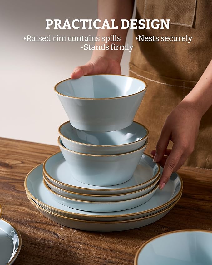 Famiware Saturn Stoneware Dinnerware Sets for 8 (24 Pieces) Ceramic Plates and Bowls Dish Sets with Hand-Painted Trim - Chip &amp Scratch Resistant Microwave &amp Dishwasher Safe Tableware Light