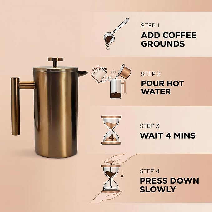 YJX 34oz Coffee Maker Stainless Steel French Press 1 Liter Camping Coffee Pot Tea Maker 34 Ounce Travel Coffee Presses Heat Resistant Double Insulated (Coppery)