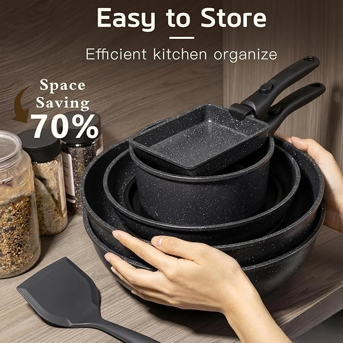 GiPP Ceramic Pots and Pans Set Non Stick Nonstick Detachable Handle Cookware Sets Healthy Non Toxic PFAS PFOA &amp PTFE Free Dishwasher ＆Oven Safe Induction Kitchen Pot and Pan 17 Piece Gray