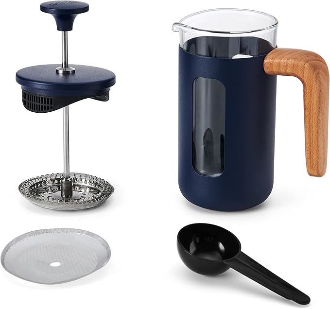 La Cafetière Pisa Cafetière 3-Cup/35ml Heat-Resistant Borosilicate Glass and Stainless Steel with Easy-Grip Plunger Small French Press Coffee Maker for Loose Tea and Ground Coffee Navy