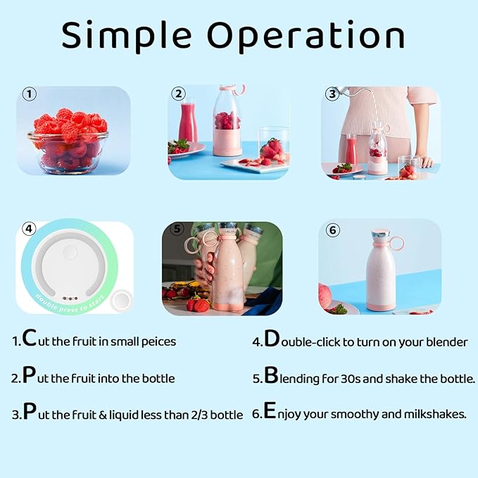 Asa Vea Portable Blender Mini Blender for Smoothies and Shakes with 4 Blades 11 Oz Personal Size Blender with Travel Lid and USB Rechargeable for Kitchen Office Gym (Pink)