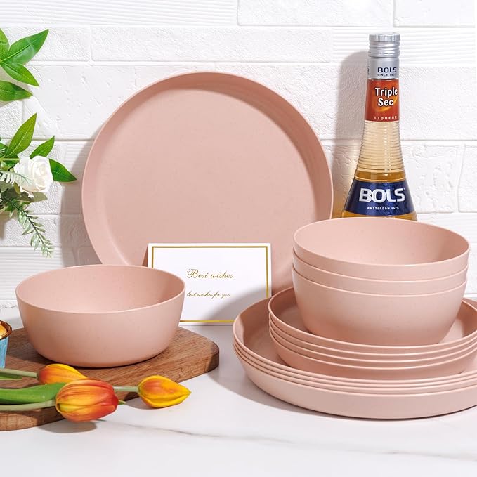 EI 12pcs Pink Wheat Straw PlatesWheat Straw Dinnerware Set for 4Plates and Bowls SetsPlastic Plate ReusableUnbreakable Plastic Plate MelamineCamping Family Dishes Set