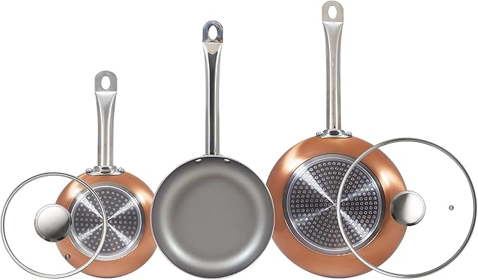 San Ignacio 5 pieces (18 + 22 + 26 cm / 2 lids) set of 5 frying pans 18/22/26 cm and 2 lids pressed aluminium suitable for induction optimum plus-copper effect multi-colour