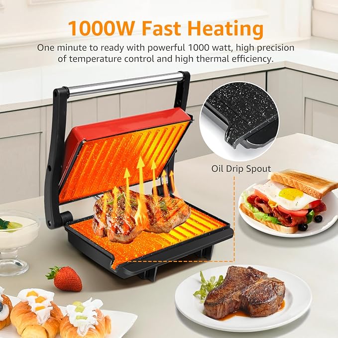 Aigostar Toaster 2 Slice Retro Extra-Wide Slot Toasters and Panini Press Grill Aigostar 1000W Sandwich Maker