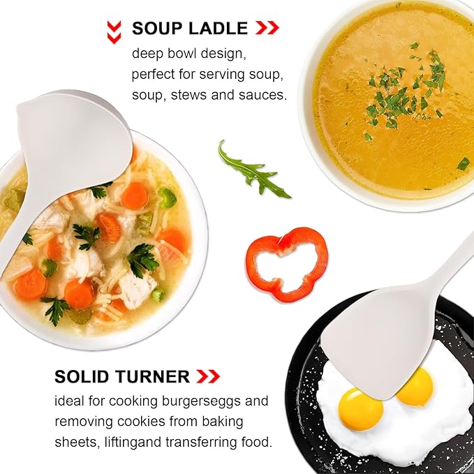 Silicone Cooking Utensils Set 5 Pcs Large Non-Stick Kitchen Utensils Set Wooden Handle Heat Resistance Turner Soup Ladle Spoon Silicone Cooking Kitchen Gadgets BPA Free for Nonstick Cookware