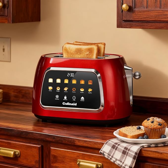 Toaster 2 Slice Smart Touch Screen Retro 1.5'' Extra Wide Slot Stainless Steel Digital Bread Toaster with Memory Function Bagel Defrost 6 Browning Levels and Removable Crumb Tray Red