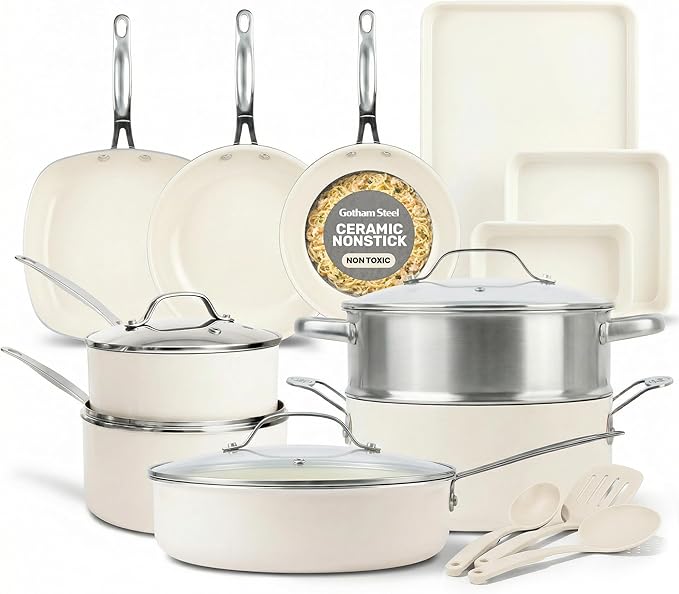 GOTHAM STEEL 20 Pc Ceramic Cookware Set Nonstick Ceramic Pots and Pans Set Non Stick for Kitchen with Bakeware Cooking Utensils &amp Steamer Non Toxic PFOA PFOS Free Oven &amp Dishwasher Safe