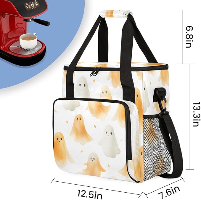 Modern Halloween Ghosts Coffee Maker Carrying Bag Travel Storage Bag Compatible with K-Mini or K-Mini Plus Single Serve Coffee Brewer Carrying Case with Multiple Pockets &amp Shoulder Strap