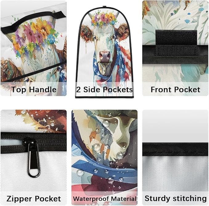 Kitchen Aid Mixer Cover Watercolor Cow American Flag Stand Mixer Cover Compatible with 6-8 Quarts Stand Mixers Dust Covers with Zipper Pocket Foldable Washable Kitchen Aid Organizer Bag