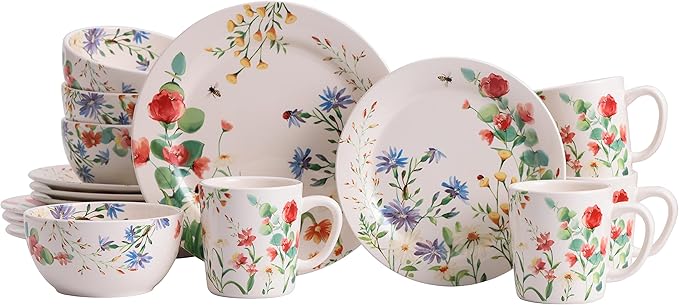 Bico Summer Provence Ceramic 16 pcs Dinnerware Set Service for 4 Inclusive of 11 inch Dinner Plates 8.75 inch Salad Plates 26oz Cereal Bowls and Mugs for Party Microwave &amp Dishwasher Safe