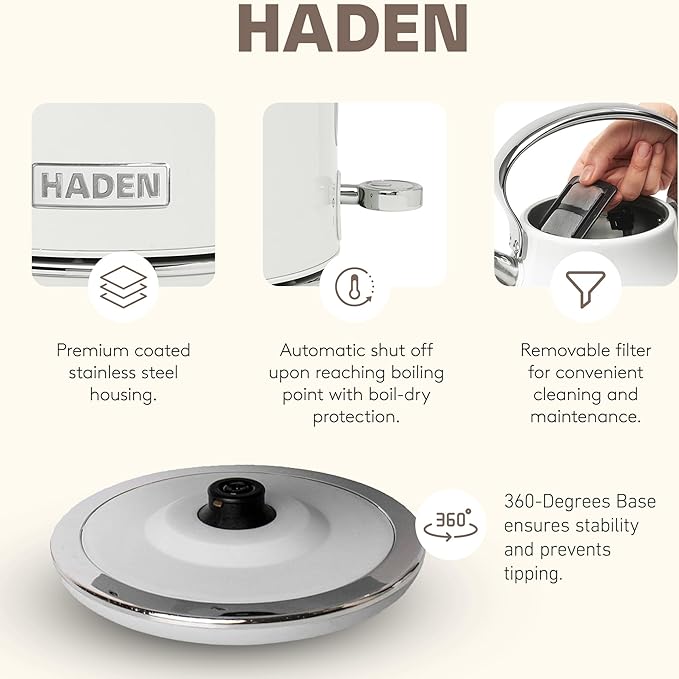 Haden Heritage 1.7 Liter Stainless Steel Body Retro Electric Tea Kettle with 2 Slice Wide Slot Stainless Steel Bread Toaster White
