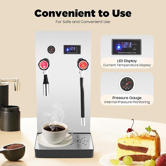 Commercial Steam Milk Foam Machine 8L Full-Automatic Boiling Water Frothing Machine Stainless Steel Coffee Machine with 360° Steam Wand &amp LED Display for Coffee Shops Home