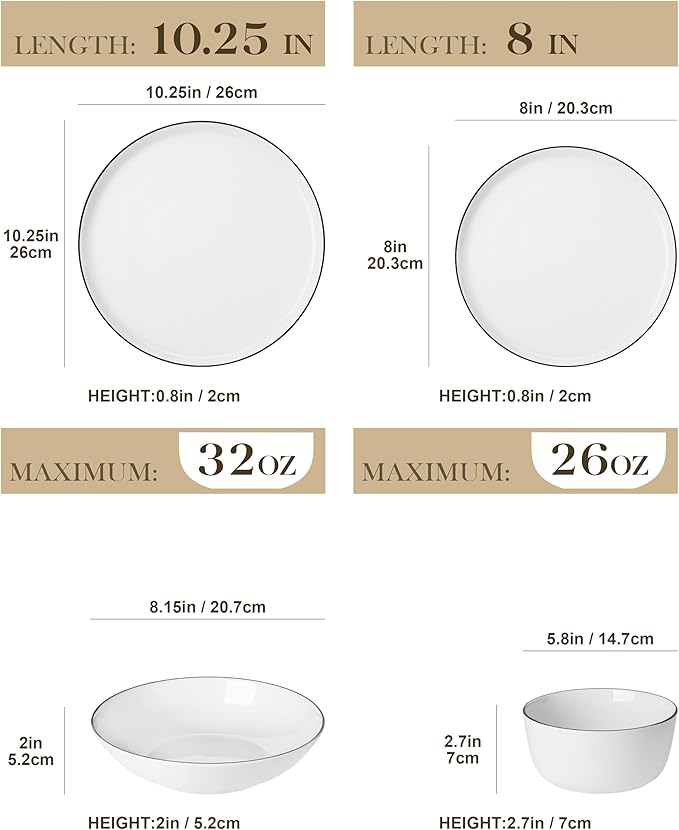 MALACASA 24 Pieces Gourmet Porcelain Dinnerware Sets Premium Plates and Bowls Set High-Fired Dishes Set for 6 Chip &amp Scratch Resistant Microwave Dishwasher Safe White &amp Black Rim Series