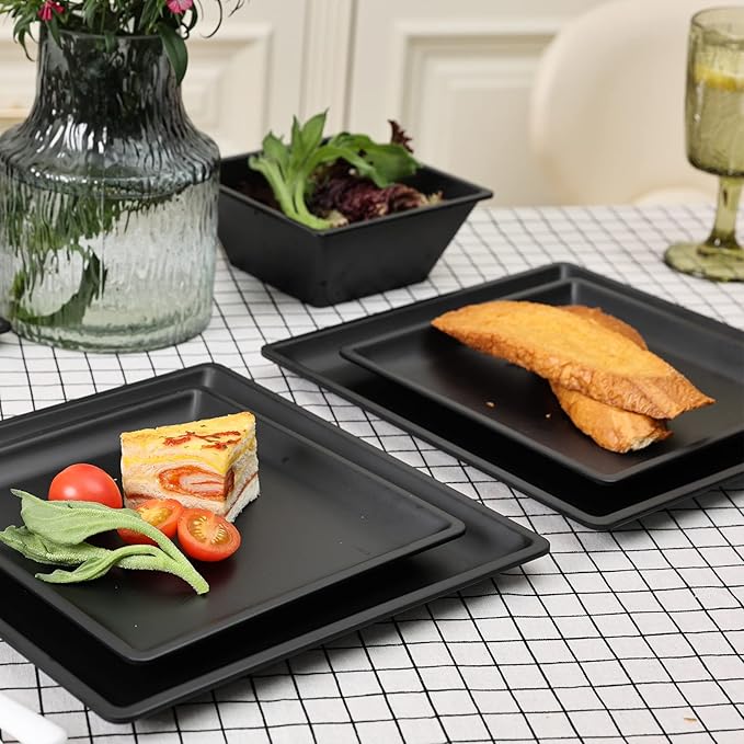 12 Piece Melamine Plates and Bowls Sets Square Dinner Set with Plates Dishes Bowls Black Square Dinnerware Sets -Serving Platers for 4 Dishwasher Safe
