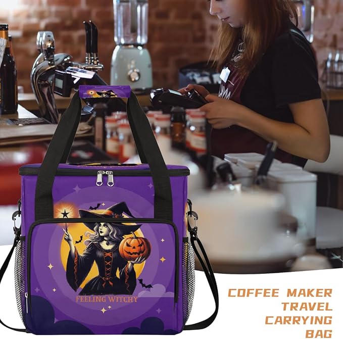 Halloween Witch Pumpkin Coffee Maker Carring Bag Travel Carrying Storage Tote Bag Compatible with Keurig K-Mini or K-Mini Plus Portable Single Serve Coffee Brewer Case with Pockets for K-cup Pods