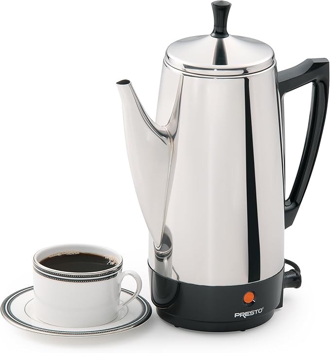 Presto 02811 Stainless Steel Electric Coffee Percolator - 12-Cups Easy-Pour Spout Stay-Cool Handle Make 2-12 Cups