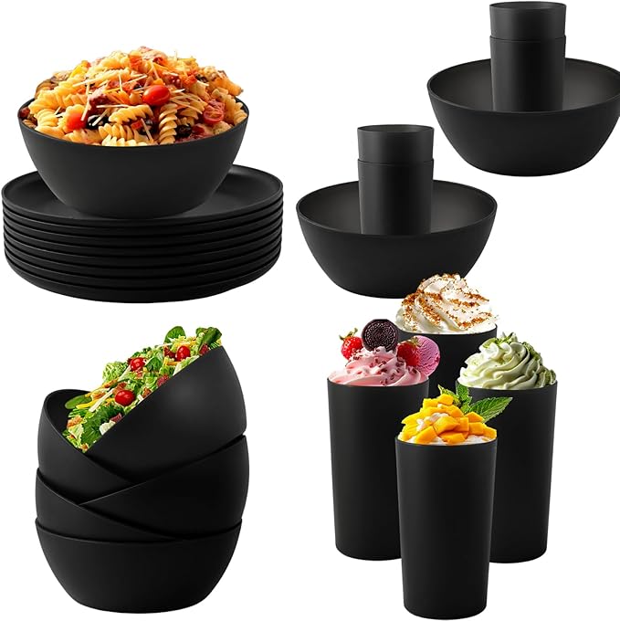 24pcs Dinnerware SetsPlates and Bowls SetsDishes Set for 8Unbreakable Modern Dish SetsReusable Dinning SetDishware Sets for KitchenParty or Picnic Dishwasher SafeBlackBPA free